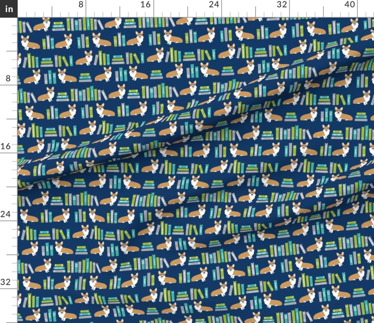 Corgi Library Book Librarian Dog Books Corgis Pet Portrait Blue Custom Printed Fabric by Spoonflower Various Fabrics by the Yard or Fat Quarter